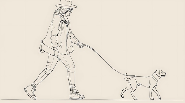 Zdjęcie a young woman walking her dog on a leash the woman is wearing a hat sunglasses and a jacket the dog is a labrador retriever
