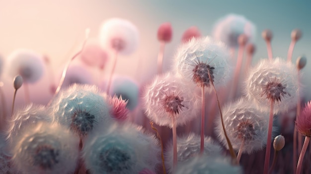 A zamknąć kilka dandelions ze słońcem świeci na nich.