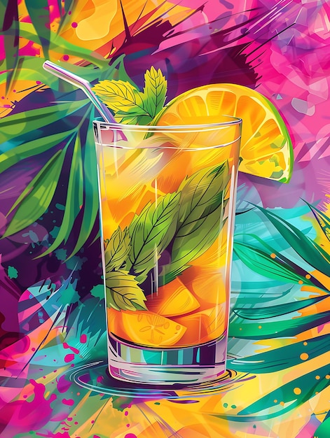 Aamras Drink Poster z pulpą mango i świeżą miętą Bright an Illustration Food Drink Indian Flavors