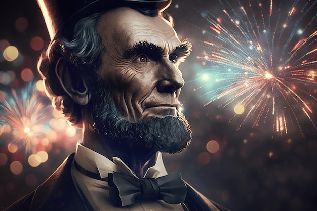 Abraham Lincoln na tle amerykańskiej flagi z fajerwerkami Generative AI