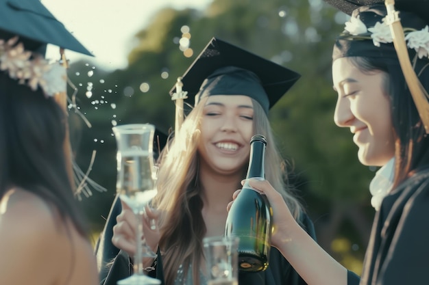 Absolwenci w sukience i czapce piją szampana na ulicy w stylu vintage retro.