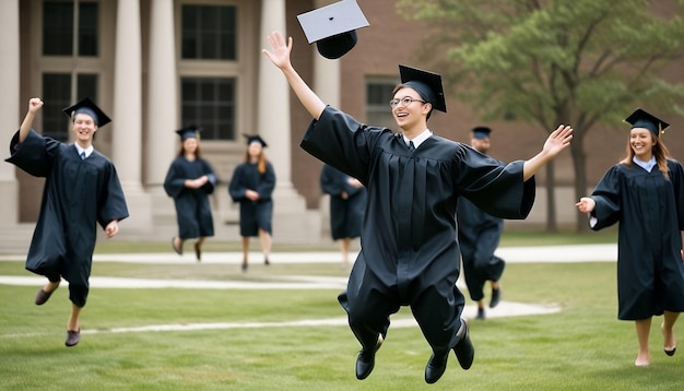 Zdjęcie absolwent z czapką na głowie skacze w powietrze z rękami w powietrzu