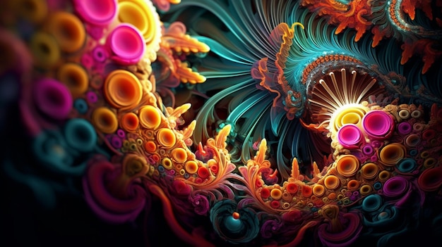 Abstrakcja w jasnych kolorach przedstawiająca spiralny wzór z jasnym, generatywnym ai w środku
