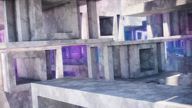 Abstrakcjonistyczna architektura wykonana z betonu. konstrukcje betonowe z jasnym oświetleniem.