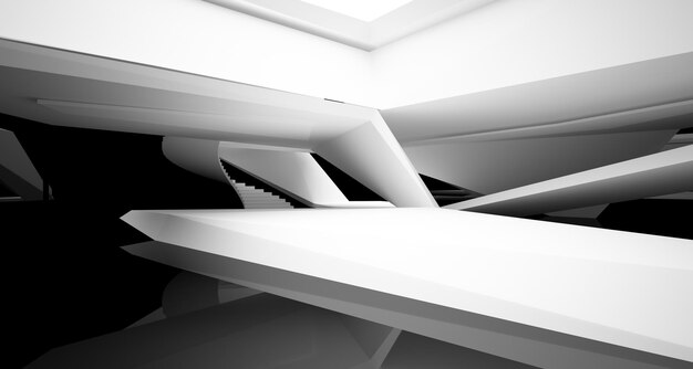 Abstrakcjonistyczna biała i czarna wewnętrzna wielopoziomowa przestrzeń publiczna z ilustracją 3D okna