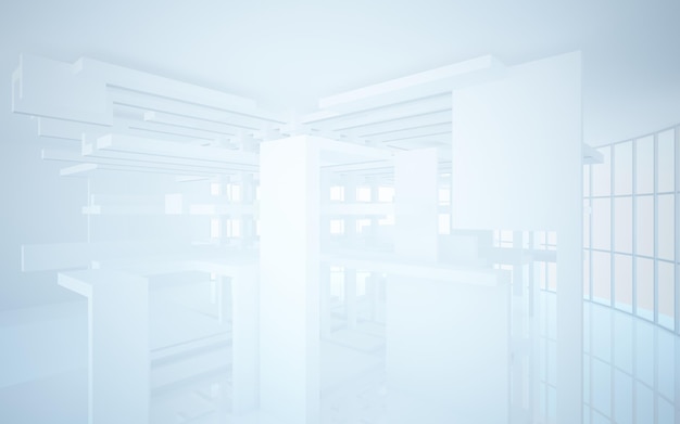 Abstrakcjonistyczna biała wewnętrzna wielopoziomowa przestrzeń publiczna z ilustracją 3D i renderowaniem okna