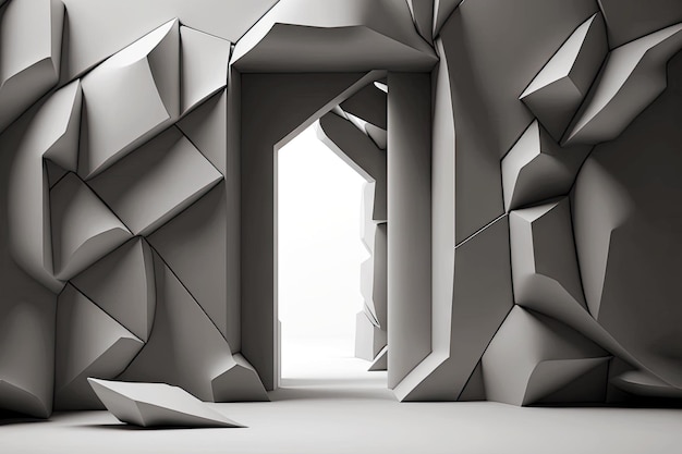 Abstrakcjonistyczna konstrukcja z korytarzem i szarym tłem ściany d renderuje cyfrową ilustrację