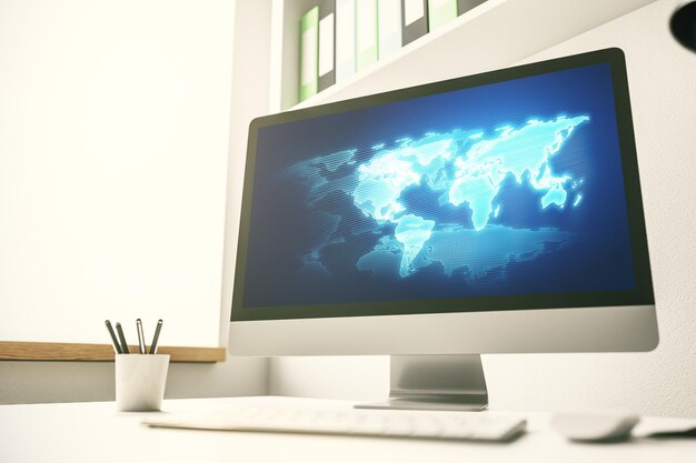 Abstrakcjonistyczna kreatywna mapa świata na nowoczesnym ekranie laptopa koncepcja handlu międzynarodowego Renderowanie 3D