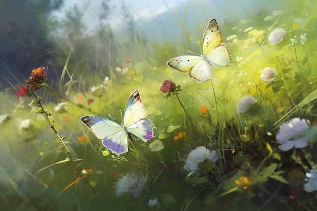 Abstrakcjonistyczna natura wiosna Tło wiosenny kwiat i motyl generuje ai