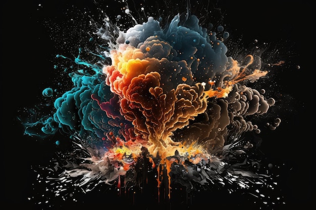 Abstrakcjonistyczna nowożytna eksplozja chemicznego paliwa na czarnym tle cyfrowej ilustracji