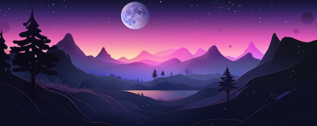 Abstrakcjonistyczna tapeta fioletowe góry z nocną panoramą rzeki i księżyca Generative Ai