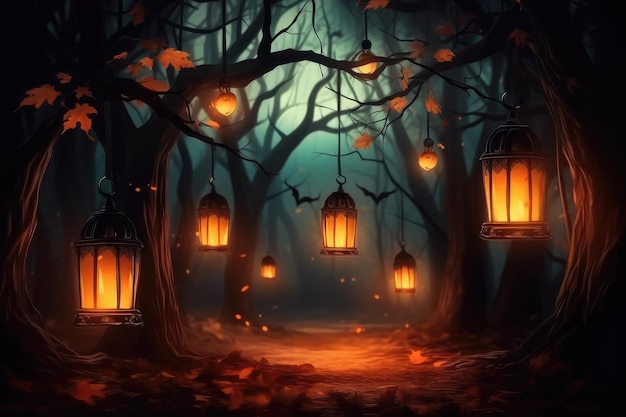 Abstrakcjonistyczne oświetlenie lampy w lesie Halloween przyjęcie generatywne ai