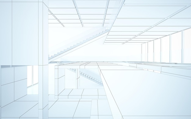 Abstrakcjonistyczny rysunek biały wnętrze wielopoziomowej przestrzeni publicznej z okno. Wielokąt czarny rysunek. 3D