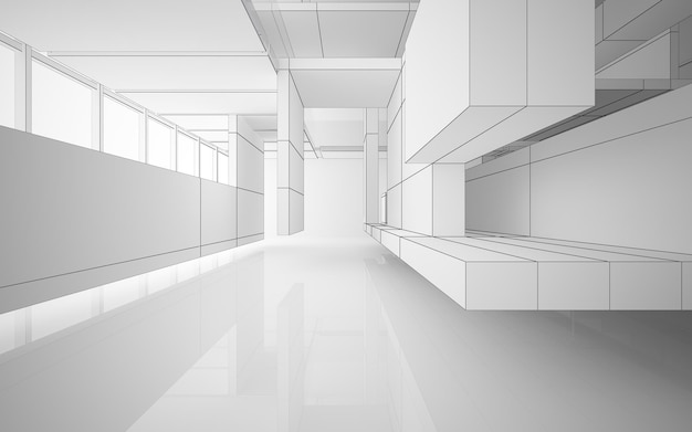 Abstrakcjonistyczny rysunek wielopoziomowej przestrzeni publicznej z białym wnętrzem z oknem. Wielokąt czarny rysunek. 3D