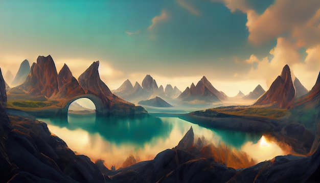Abstrakcjonistyczny surrealistyczny seascape tło z skalistymi górami i lustrzanymi łukami