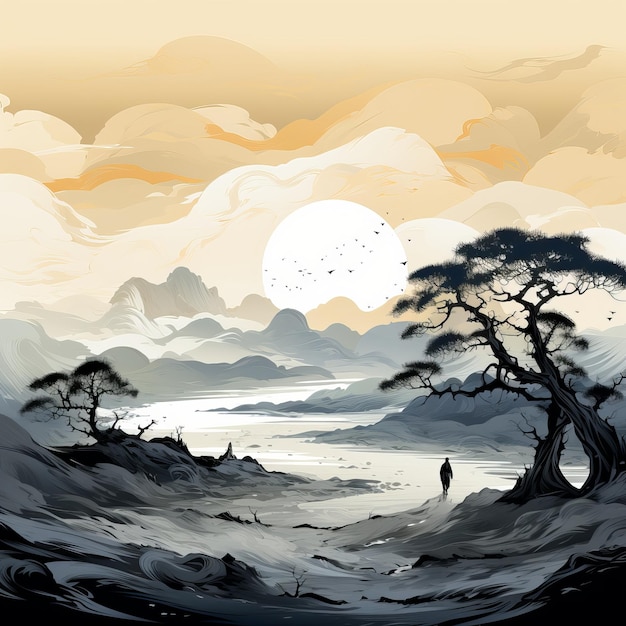 Abstrakcyjna akwareliczna ilustracja krajobrazu zachodu słońca w górach i rzece