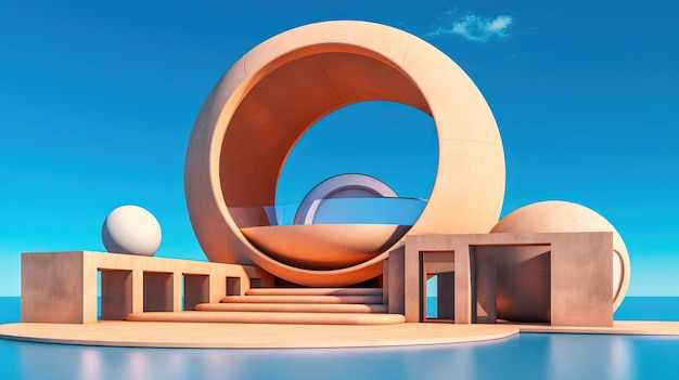Abstrakcyjna architektura surrealistyczny budynek Scena marzeń z epicką architektoniczną abstrakcją pod niebieskim niebem