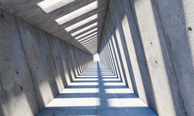 Zdjęcie abstrakcyjna architektura z przejściem i ukośnymi ścianami, cieniami i światłem słonecznym. renderowania 3d