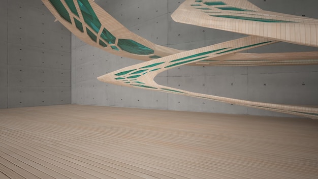 Abstrakcyjna betonowa i drewniana wielopoziomowa przestrzeń publiczna z ilustracją i renderowaniem okna 3D