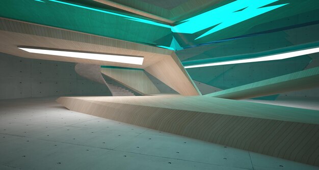 Abstrakcyjna betonowa i drewniana wielopoziomowa przestrzeń publiczna z ilustracją i renderowaniem okna 3D