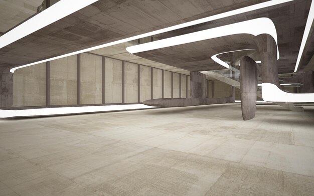Abstrakcyjna betonowa wewnętrzna wielopoziomowa przestrzeń publiczna z oknem. Ilustracja i renderowanie 3D.