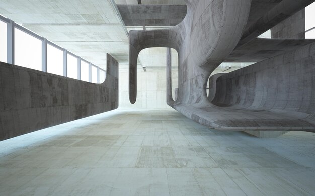 Abstrakcyjna betonowa wewnętrzna wielopoziomowa przestrzeń publiczna z oknem. Ilustracja i renderowanie 3D.