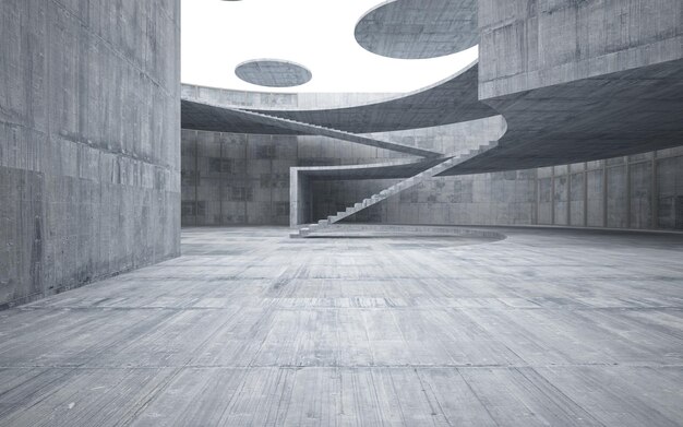 Abstrakcyjna biała i betonowa wewnętrzna wielopoziomowa przestrzeń publiczna z oknem. ilustracja 3D