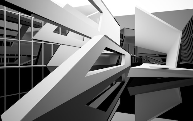 Zdjęcie abstrakcyjna biała i czarna wewnętrzna wielopoziomowa przestrzeń publiczna z ilustracją i renderowaniem okna 3d