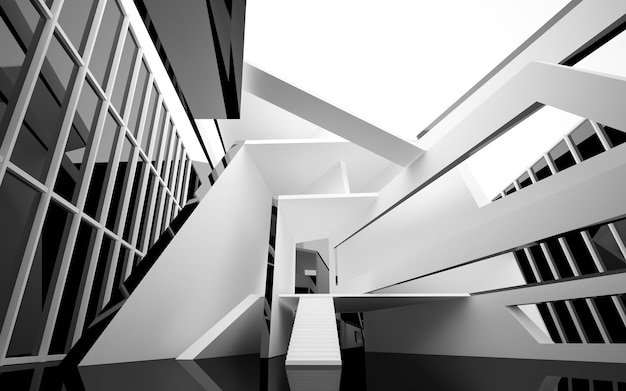 Zdjęcie abstrakcyjna biała i czarna wewnętrzna wielopoziomowa przestrzeń publiczna z ilustracją i renderowaniem okna 3d
