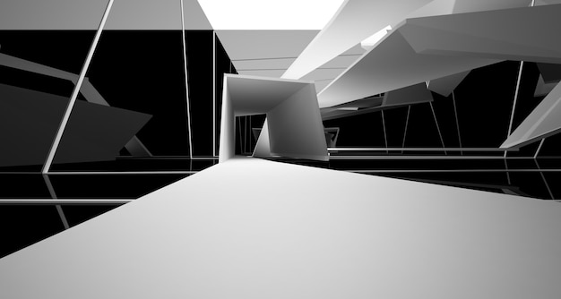 Abstrakcyjna biała i czarna wewnętrzna wielopoziomowa przestrzeń publiczna z ilustracją i renderowaniem okna 3D
