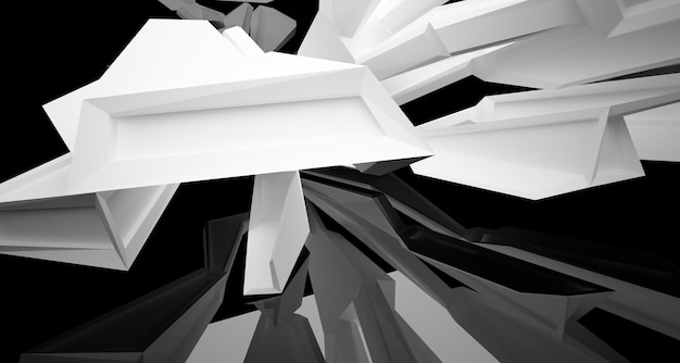 Abstrakcyjna biała i czarna wewnętrzna wielopoziomowa przestrzeń publiczna z ilustracją i renderowaniem okna 3D