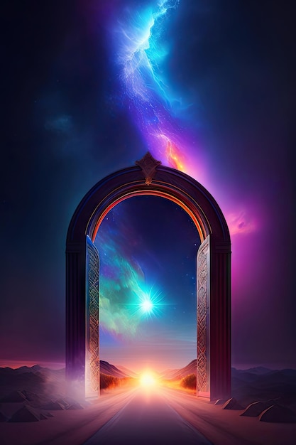 Abstrakcyjna brama do innego wymiaru Świecący portal w przestrzeń Eksplozja mgławicy w niebo