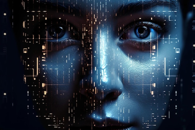 Abstrakcyjna cyfrowa ludzka twarz Koncepcja dużych zbiorów danych sztucznej inteligencji lub cyberbezpieczeństwa