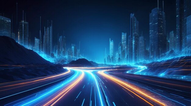 Abstrakcyjna droga z niebieskimi śladami światła prędkość transferu danych i koncepcja cyfryzacji