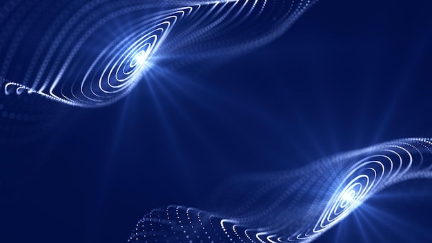 Abstrakcyjna fala koła z ruchomymi kropkami Przepływ cząstek Ilustracja technologii cybernetycznej Futurystyczna koncepcja i system przesyłania danych Renderowanie 3D