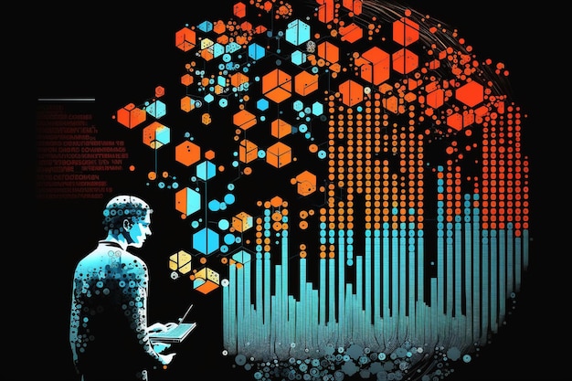 Abstrakcyjna futurystyczna infografika ze złożonością danych wizualnych reprezentuje koncepcję Big Data programowania bazy węzłów AI Generation