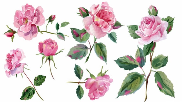 Abstrakcyjna gałąź kwiatów izolowana na białym tle w akwareli Arrangement różowych róż w bukietie Arrangementy projektowe dla kart powitalnych tekstyliów