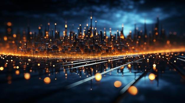 Abstrakcyjna globalna sieć internetowa z neonami nad miastem nocą