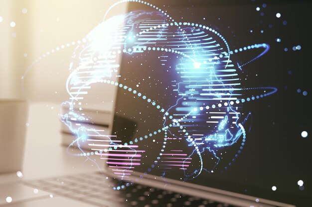 Abstrakcyjna graficzna cyfrowa mapa świata z powiązaniami na nowoczesnym tle komputerowym koncepcja globalizacji Multiexposure