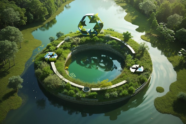 Abstrakcyjna ikona reprezentująca ekologiczne wezwanie do recyklingu i ponownego wykorzystania w postaci stawu z symbolem recyklingu w środku pięknej nietkniętej dżungli renderowanie 3d