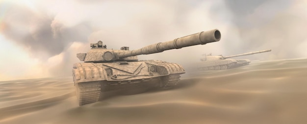abstrakcyjna ilustracja 3D dwóch czołgów wojennych na piaszczystej powierzchni i tle pyłu i chmur dymu w