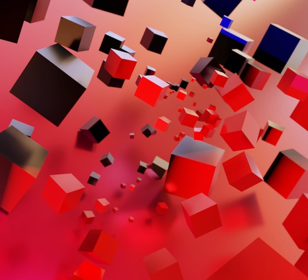 abstrakcyjna ilustracja 3d pływających gradientowych czarnych i czerwonych kostek na czerwonym gradientowym rozmyciu tła