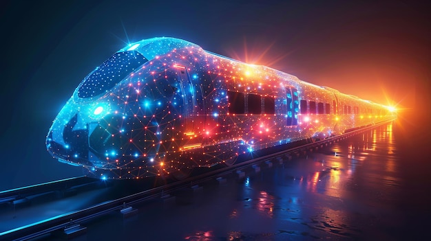 Abstrakcyjna ilustracja 3D z połączonymi kropkami futurystycznego pociągu dużych prędkości Przyszła logistyka nowoczesna technologia koncepcja transportu Nowoczesna siatka kolorów
