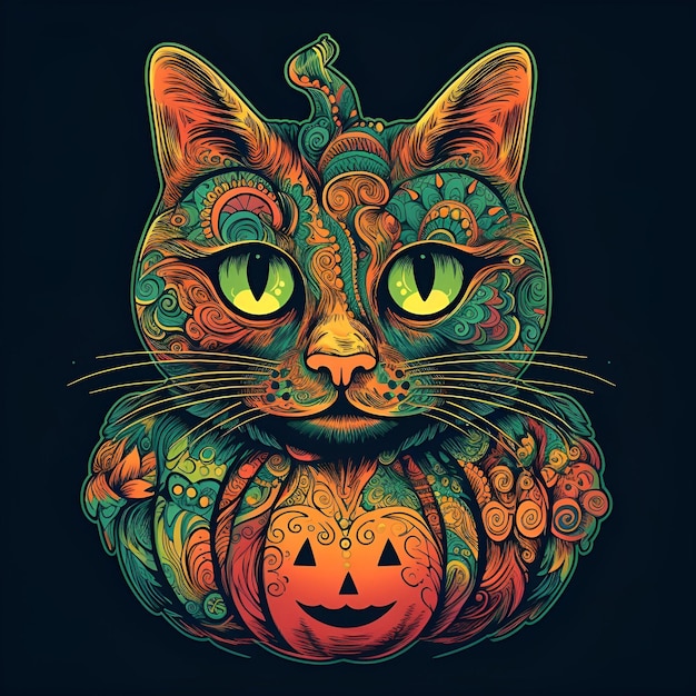 Abstrakcyjna ilustracja Halloween kot i dynia na czarnym tle Zawartość generowana przez sztuczną inteligencję