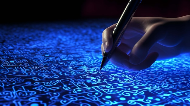 Zdjęcie abstrakcyjna ilustracja kreatywnego kodowania z mapą świata i ręcznym pisaniem człowieka w pamiętniku na tle w