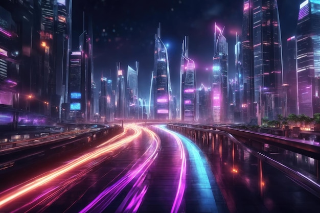 Abstrakcyjna ilustracja miejskiej autostrady prowadzącej do szybkiego ruchu w centrum nowoczesnego miasta z kolorowymi świetlnymi szlakami
