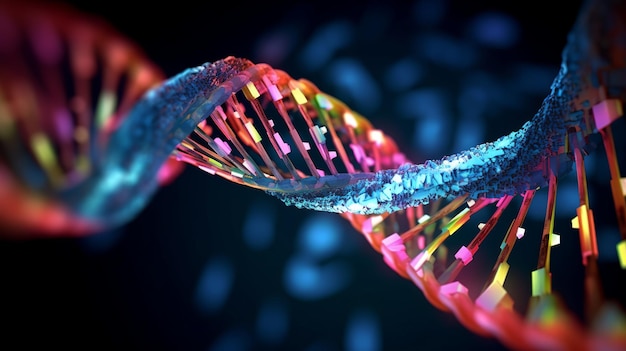 Abstrakcyjna ilustracja przedstawiająca nić DNA ukazująca zawiłe piękno cząsteczki genetycznej z odrobiną artystycznej abstrakcji Generative Ai