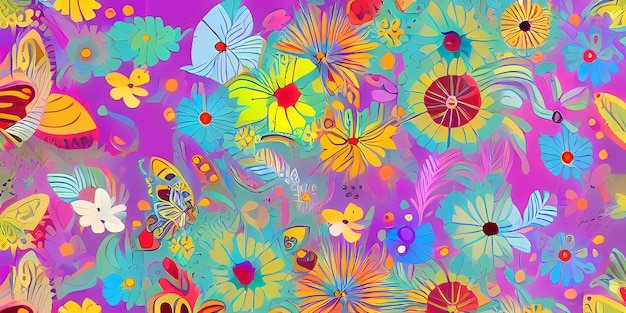 Abstrakcyjna ilustracja wielobarwnej natury z wzorem kwiatów i liści