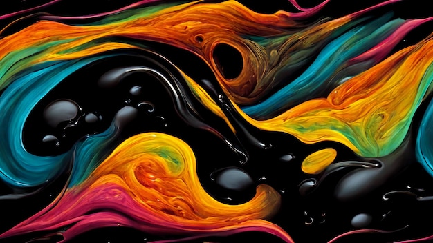 Abstrakcyjna ilustracja wykonana z wielobarwnej farby olejnej na czarnym tle, żywy pomysł na farbę olejną 3D