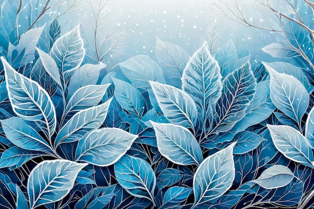 Abstrakcyjna ilustracja zamarzniętych liści spadający śnieg i mróz na liście